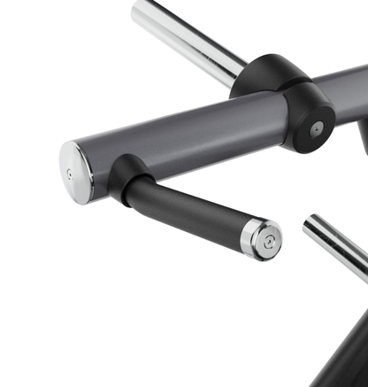 Close-up of the rubber coated handle on the black iso horizontal bench press on a white background