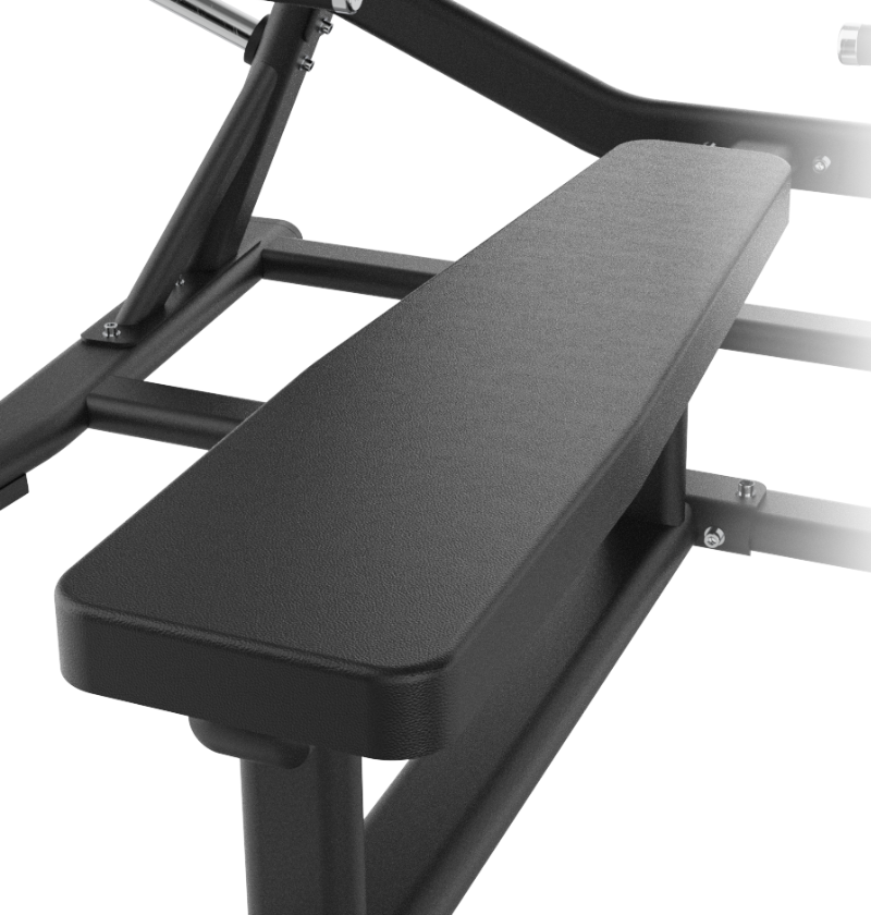 Close-up of the black pad on the black iso horizontal bench press on a white background