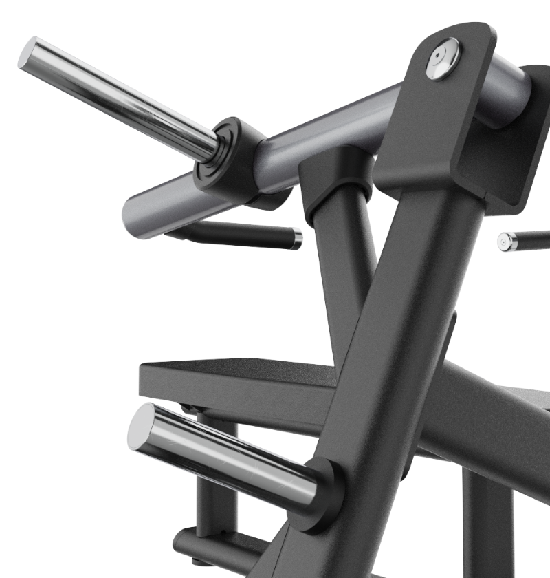 Close-up of the chrome loading peg and chrome storage peg on the black iso horizontal bench press on a white background