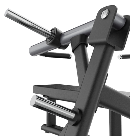 Close-up of the chrome loading peg and chrome storage peg on the black iso horizontal bench press on a white background