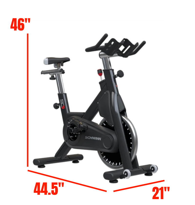 Black Schwinn exercise bike with dimensions labeled on a white background
