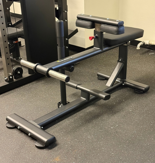A black seated calf machine with padded foot plates and backrest, photographed in a gym setting on a speckled gray floor.
