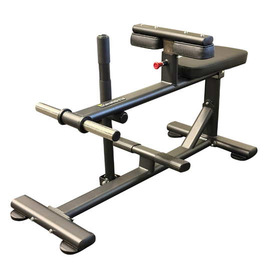 A black plate loaded seated calf machine shown on a plain white background.