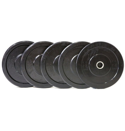 Set of black weight plates on a white background