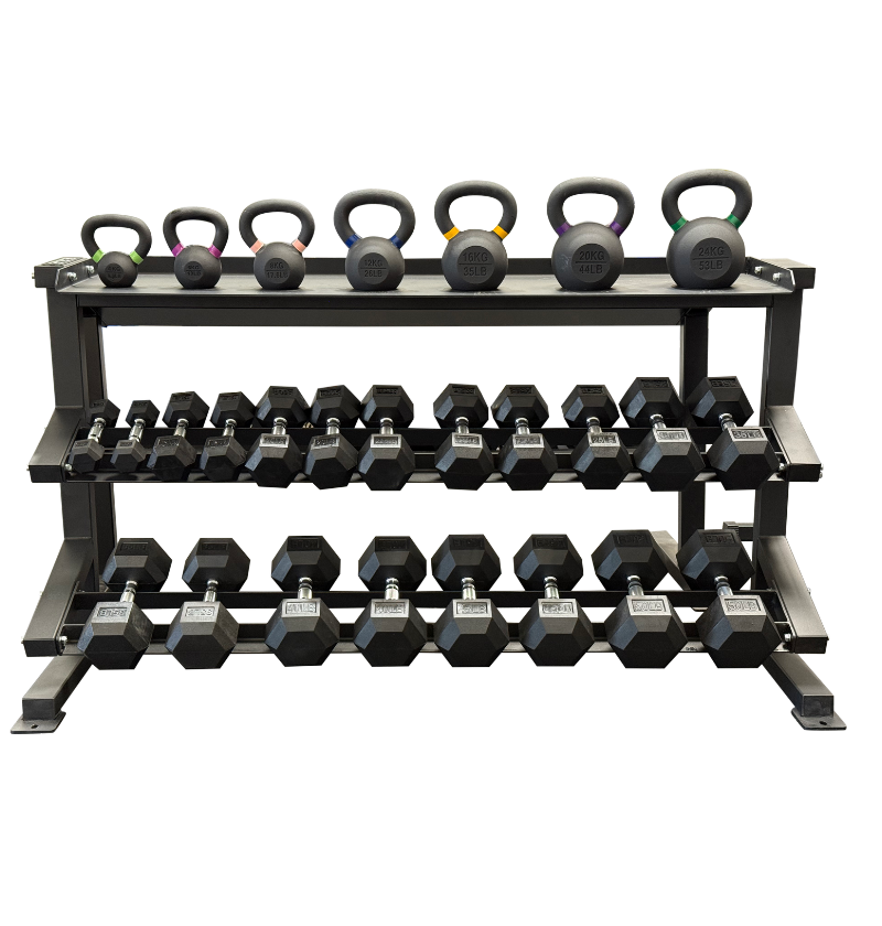 A three-tier black metal kettlebell and dumbbell rack holding six kettlebells on top and multiple hex dumbbells on the two lower shelves, photographed on a plain white background.