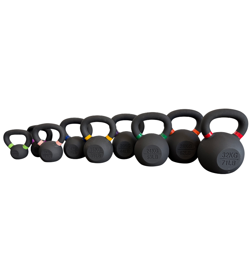A set of black kettlebells in graduated sizes, arranged in a row against a plain white background. The front kettlebell is marked 32KG (70LB), and the handles have small colored bands in various colors.