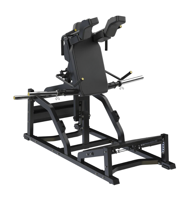 Black front squat machine on a white background. 