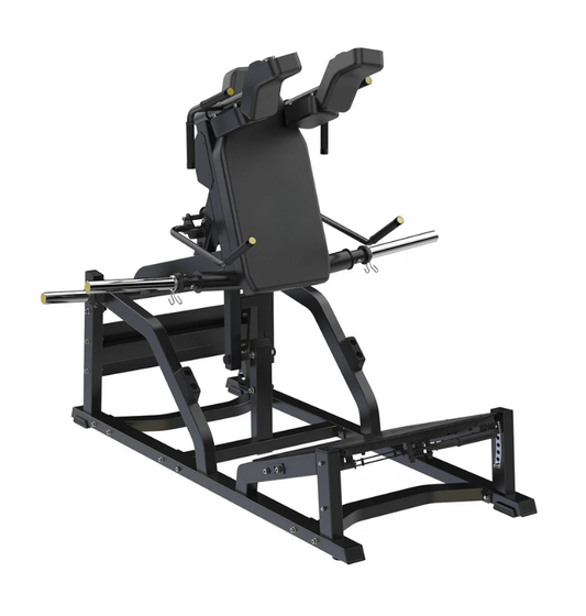 Black front squat machine on a white background. 