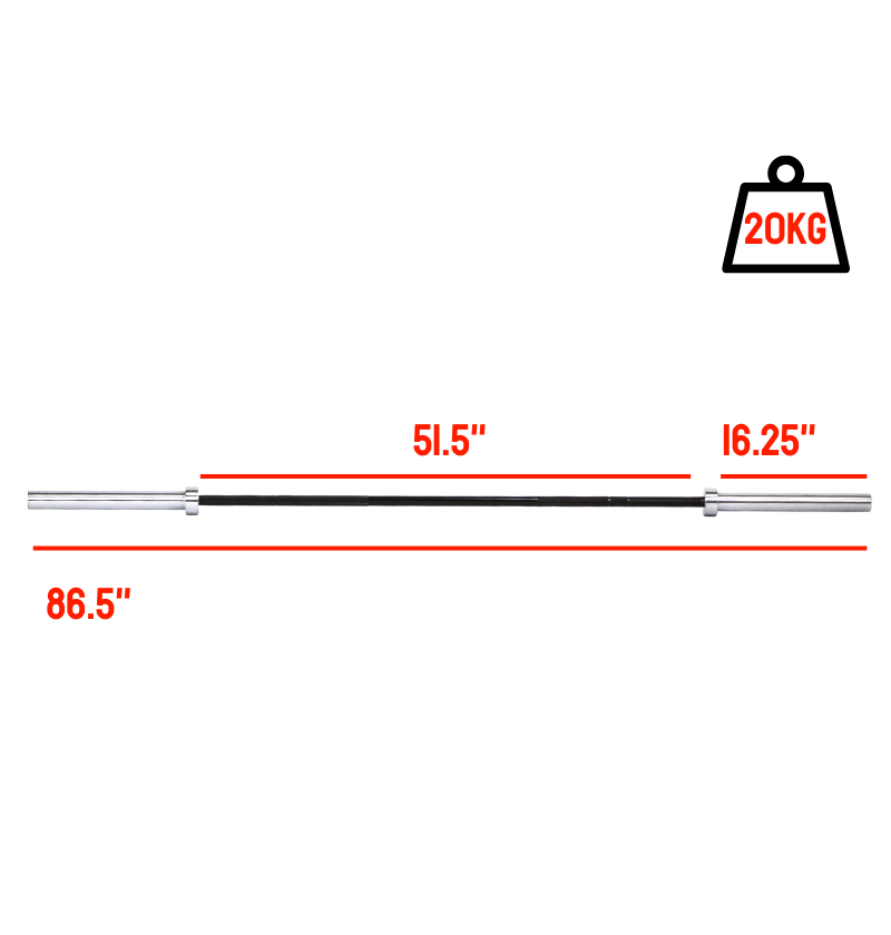Measurement chart showing dimensions of a barbell with weight capacity indicator.
