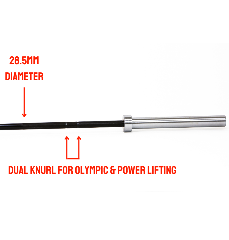 Barbell bar with 28.5mm diameter and dual knurl for Olympic and power lifting on a white background.