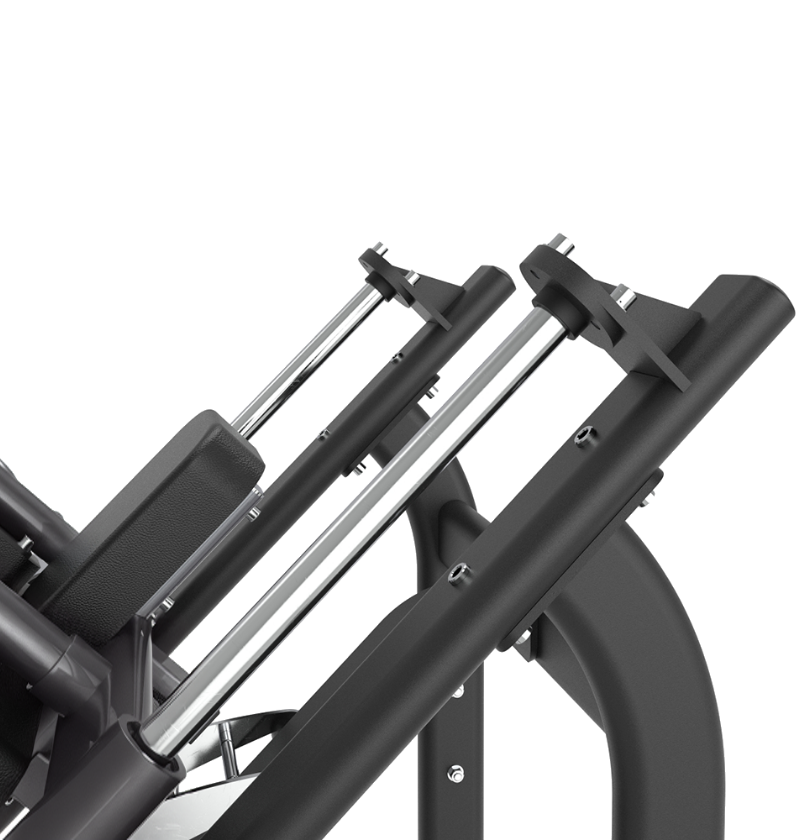 Close-up of chrome guide rods on a black hack squat machine on a white background