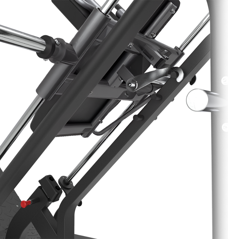Close-up of the safety locking lever hook on the hack squat machine on a white background