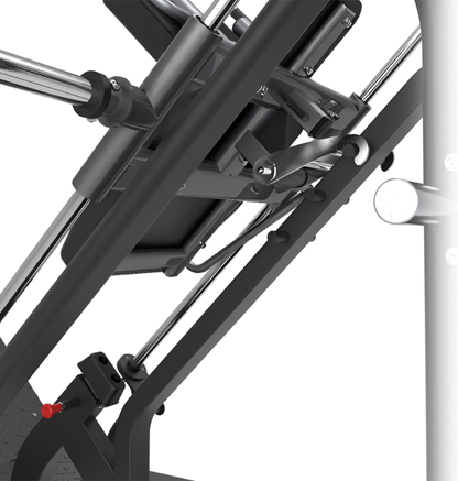 Close-up of the safety locking lever hook on the hack squat machine on a white background