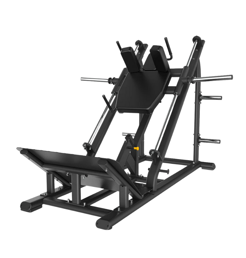 Black hack squat machine on a white background