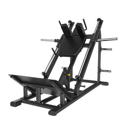 Black hack squat machine on a white background