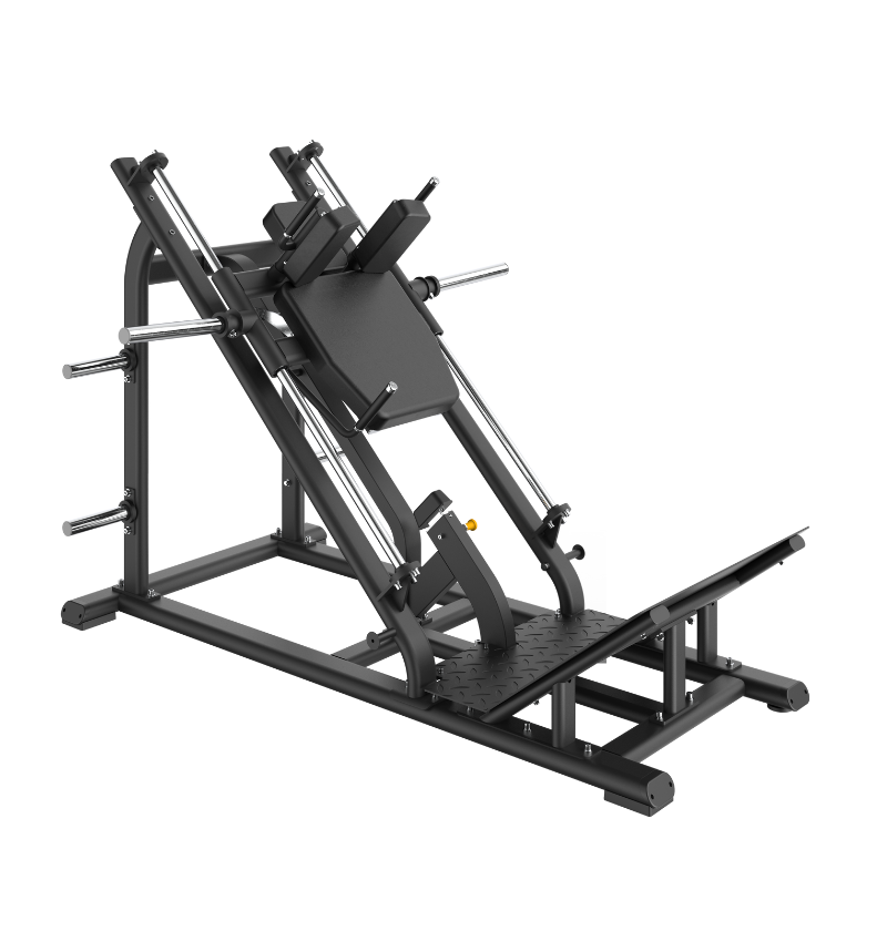 Black hack squat machine on a white background