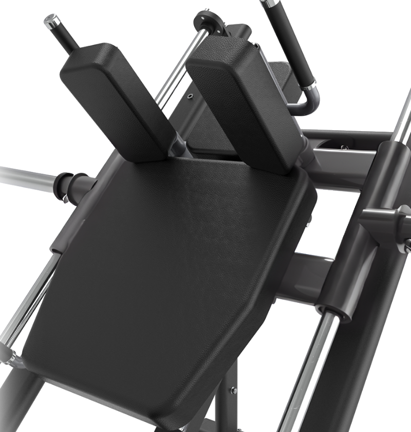Close-up of pads on a black hack squat machine on a white background