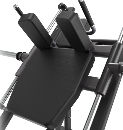 Close-up of pads on a black hack squat machine on a white background