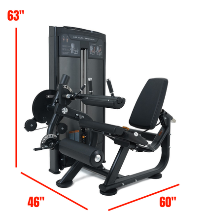 Black leg extension leg curl machine with dimensions on a white background