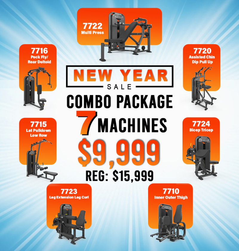 Advertisement for a gym combo package with seven machines on a blue background.