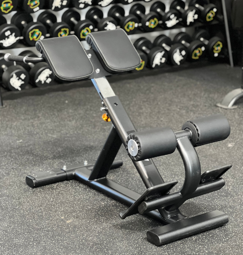 Gym equipment featuring a squat machine and weights, identified as 45 Degree Hyperextension PL7329 for fitness routines.