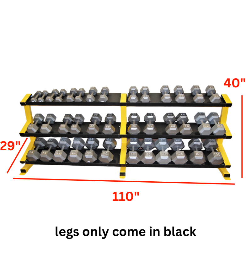 3 tier 3 leg tray rack with labeled dimensions and label legs only come in black on the bottom