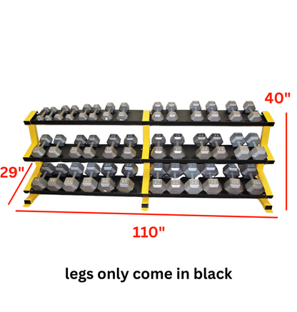 3 tier 3 leg tray rack with labeled dimensions and label legs only come in black on the bottom