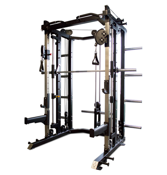 Black and silver Plate Loaded Smith Functional gym equipment machine on a white background