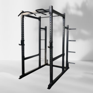 A black power rack is displayed, showcasing its sturdy frame and adjustable features for strength training exercises.