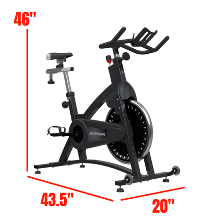 Black schwinn spin bike with dimensions labeled on a white background