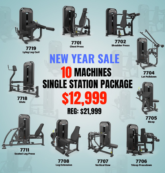 Fitness equipment package with various machines and promotional text on a light blue background