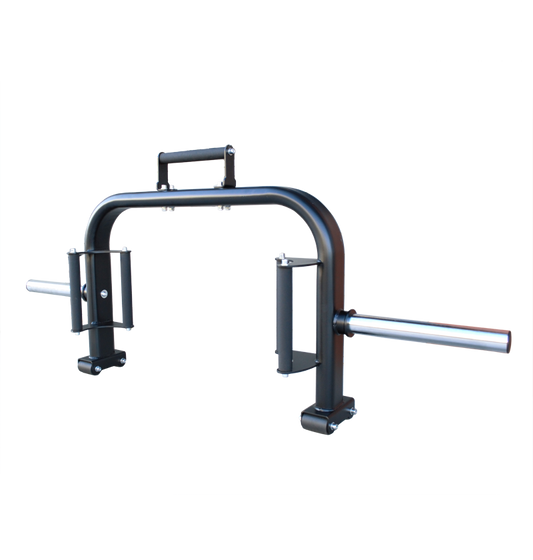 Black and white illustration of an Open Trap Bar, emphasizing its ergonomic design for effective squatting workouts.
