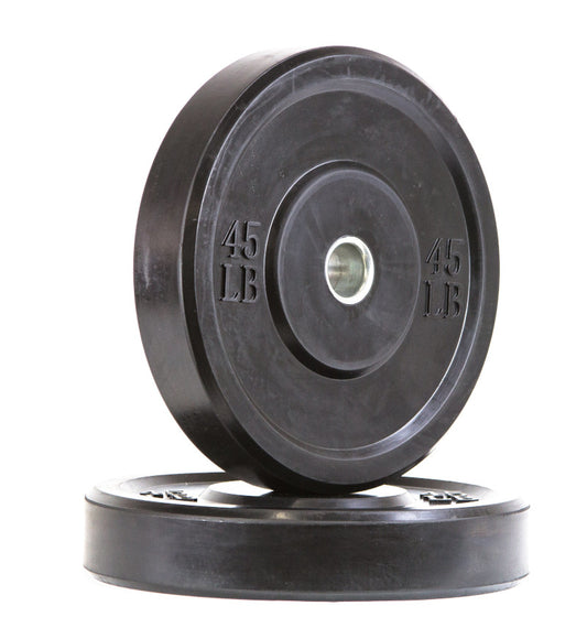 Black rubber bumper plate displayed on a white background, suitable for various weightlifting exercises and training.