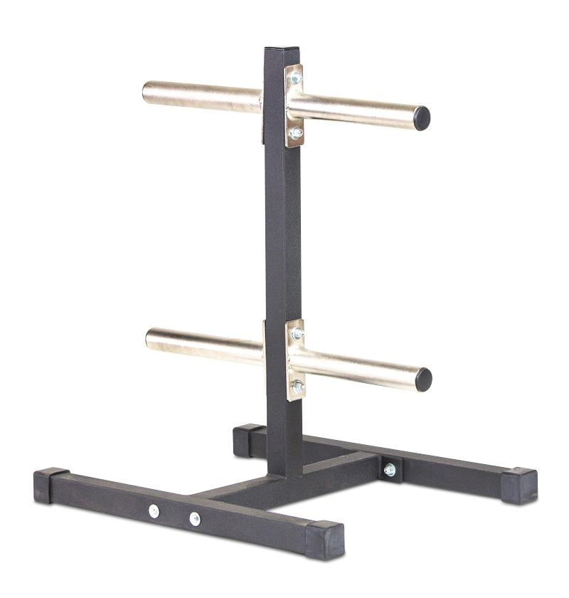 Compact black metal stand with two bars, functioning as a vertical bumper plate tree for gym equipment organization.