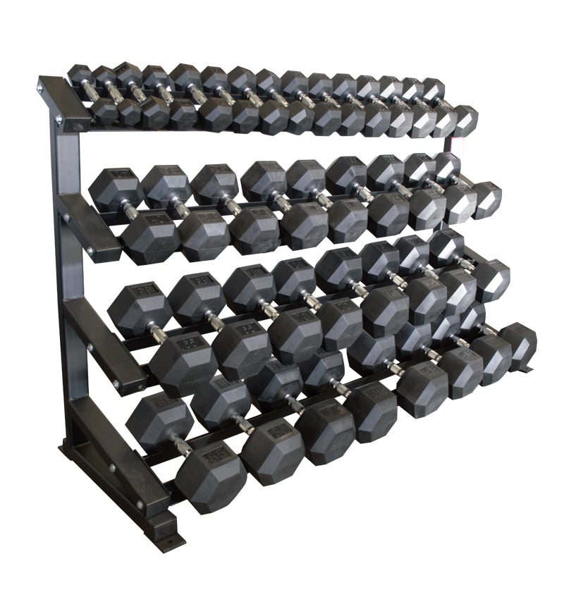 A 4-tier, 75-inch dumbbell rack displaying a variety of dumbbells organized by size for easy access during workouts.