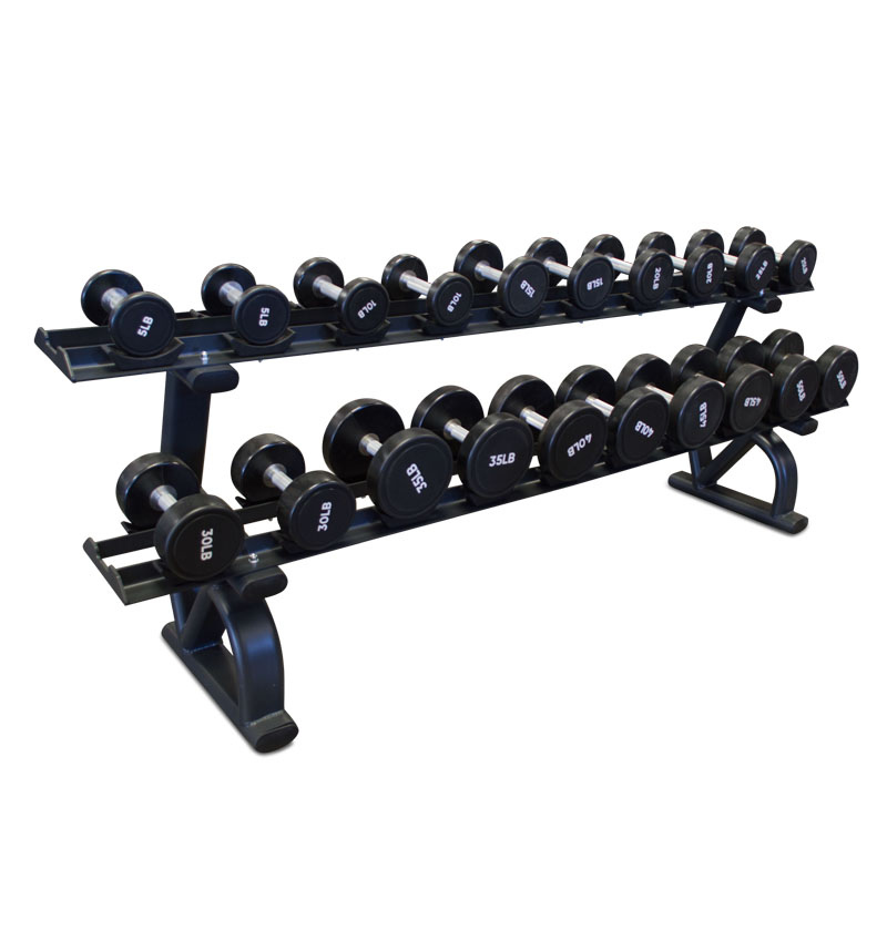 2 Tier Dumbbell Rack with Saddles PL7337 holds 5 50lb round dumbbells