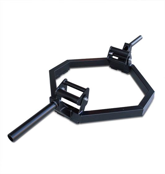 A black metal frame with an attached handle, representing the Elite Revolving Handle Hex Bar for fitness training.