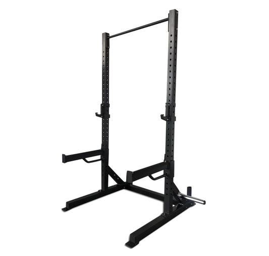 A Basic Squat Rack is featured on a white background, emphasizing its functional design and sturdy construction.