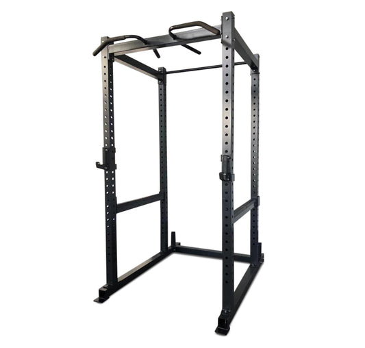 Power rack in black metal, model PL7356, equipped with two bars for various strength training workouts.