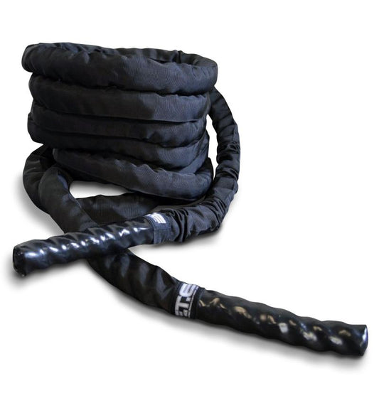 A black heavy-duty battle rope with poly boot ends and a protective cover.
