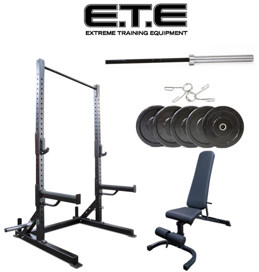 The ETE power rack and bench set features the Basic Squat Rack Package Deal for strength training and workouts.