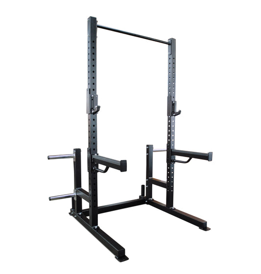 A deluxe squat rack displayed against a plain white background, highlighting its structure and design.