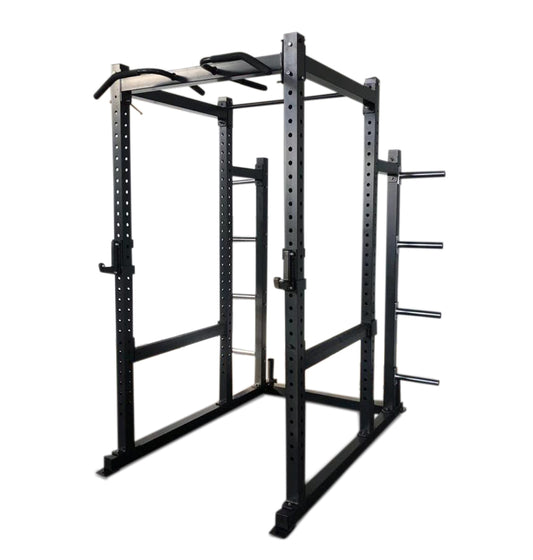 Deluxe Power Cage PL7355, a sturdy power rack designed to securely hold a barbell for strength training exercises.