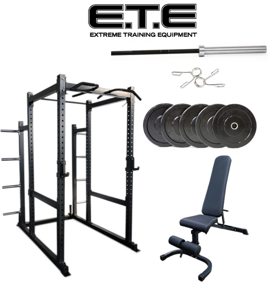 ETE Deluxe Power Cage Package Deal with a bench set, designed for strength training and home gym use.