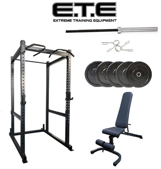 ETE Power Rack and Bench Set, featuring the Basic Power Cage for strength training and fitness workouts.