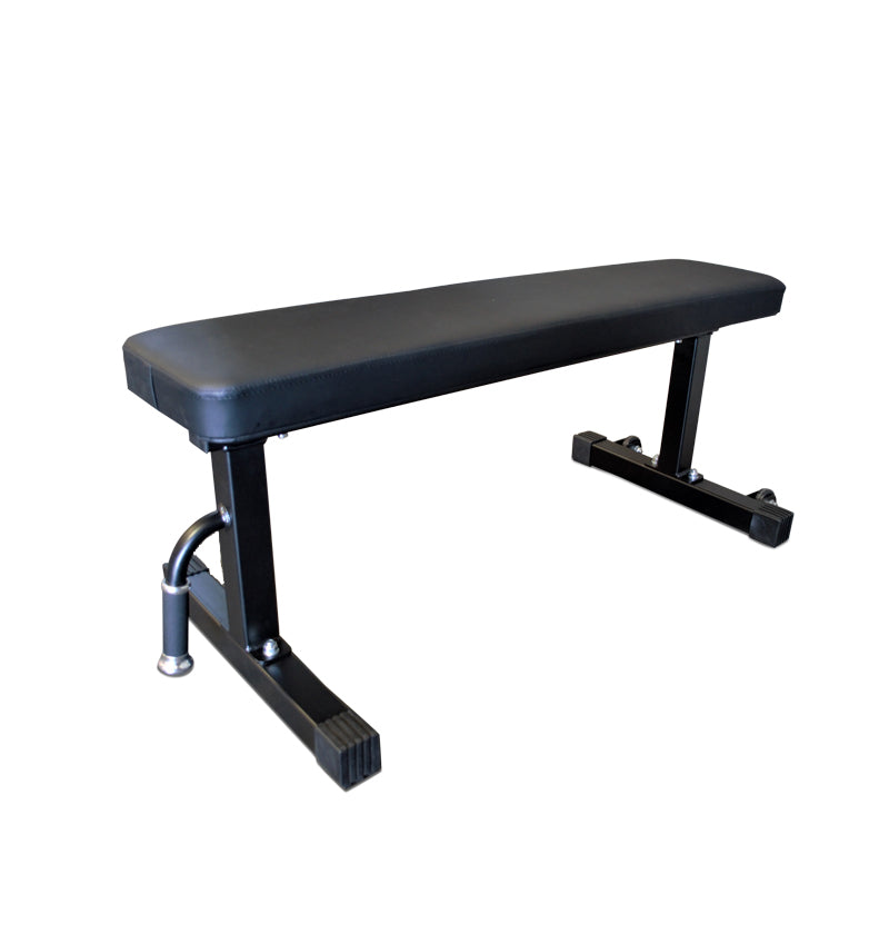 2" x 2" flat black bench with a sturdy metal frame and integrated footrest, model PL7327B.