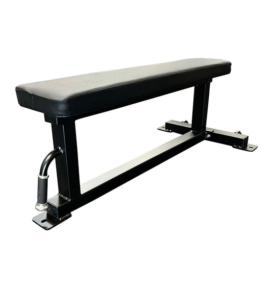 2" X 3" Flat Bench PL7327D featuring a black bench with a sturdy metal frame and integrated footrest for comfort