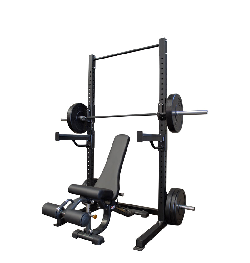 Basic Squat Rack in black, featuring a bench and bar for effective weightlifting workouts.