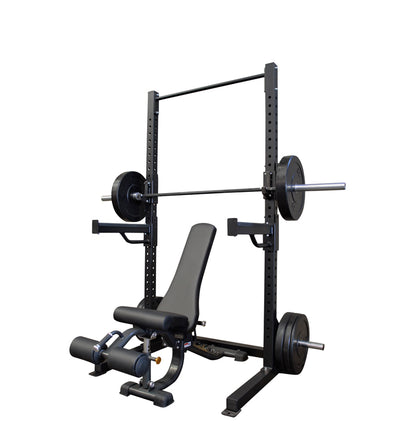 Basic Squat Rack in black, featuring a bench and bar for effective weightlifting workouts.