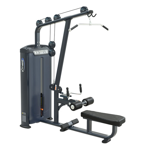 A gym machine, Lat Pulldown Low Row, equipped with a pull-up bar and bench for effective strength training.